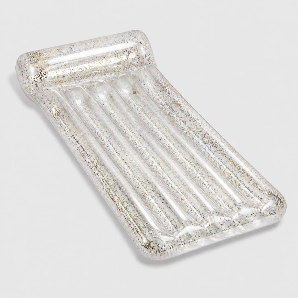 Matelas gonflable transparent pailleté, vue de face