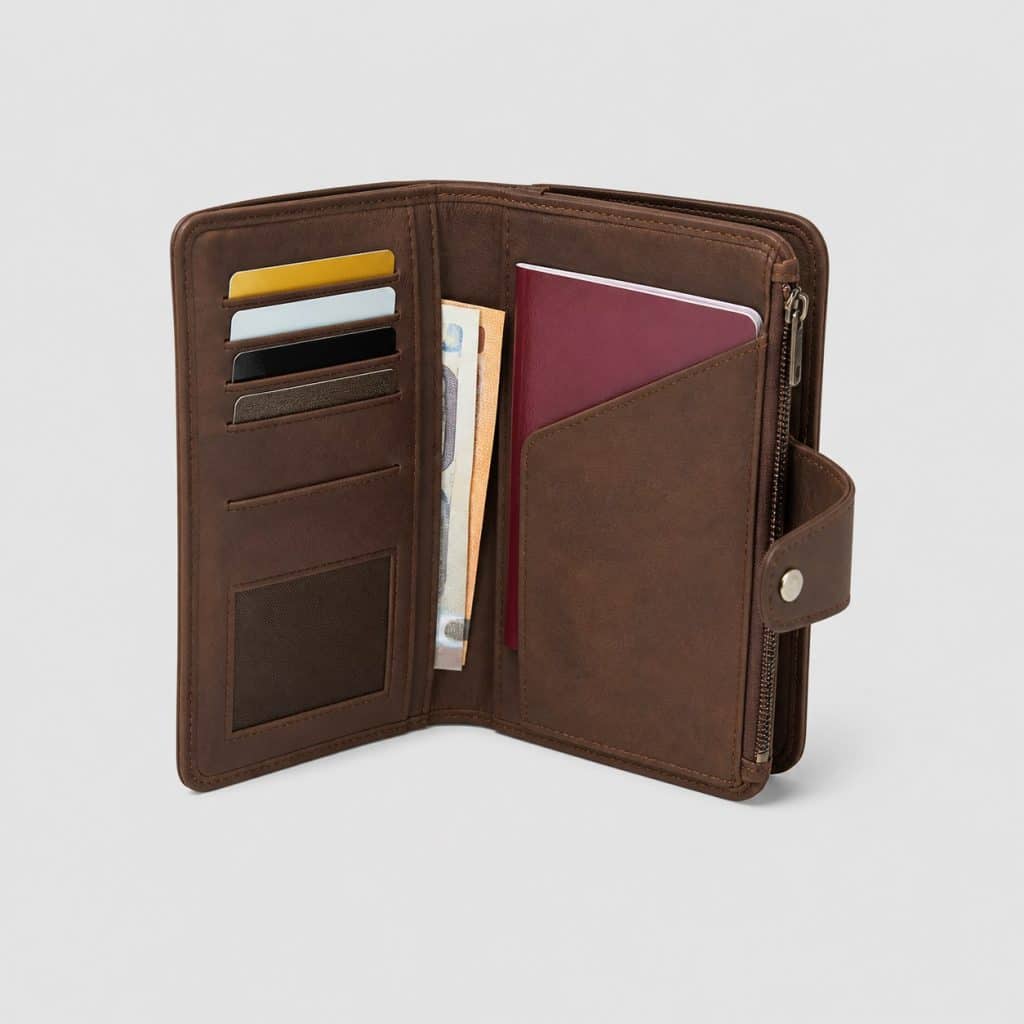 Portefeuille de voyage multi-compartiments, vue ouverte