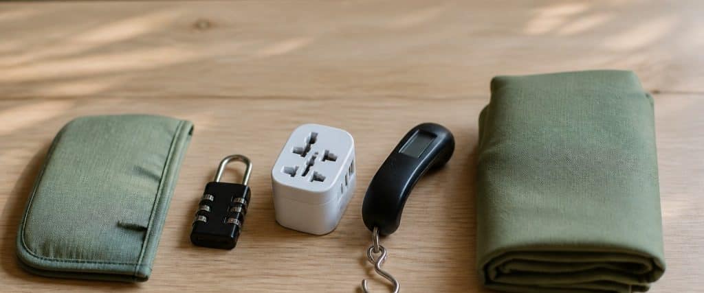 Accessoires de sécurité et de voyage sur une table en bois