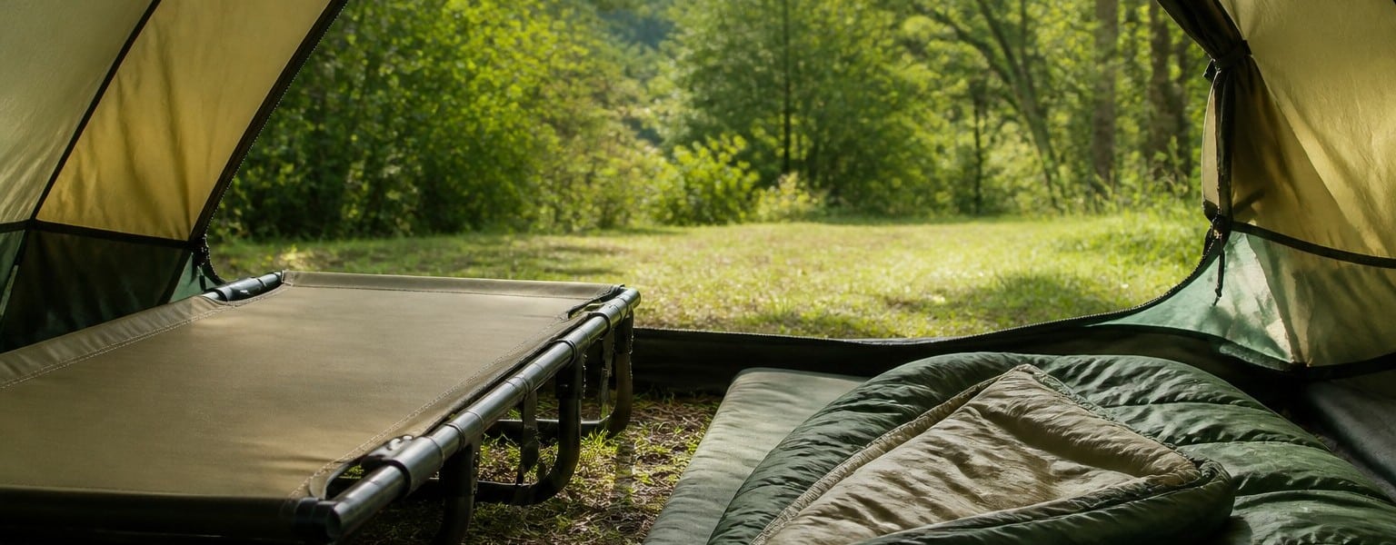 Interieur de tente de camping avec lit de camp et matelas de couchage