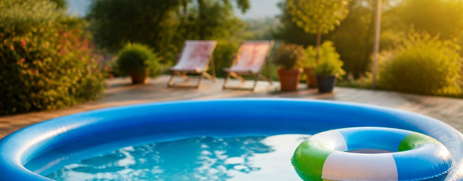 Piscine gonflable et bouee sur une terrasse de jardin en ete
