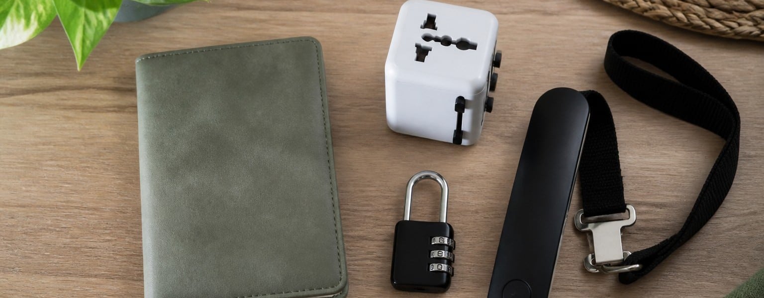 Accessoires de voyage a plat : passeport, adaptateur, cadenas, balance a bagage